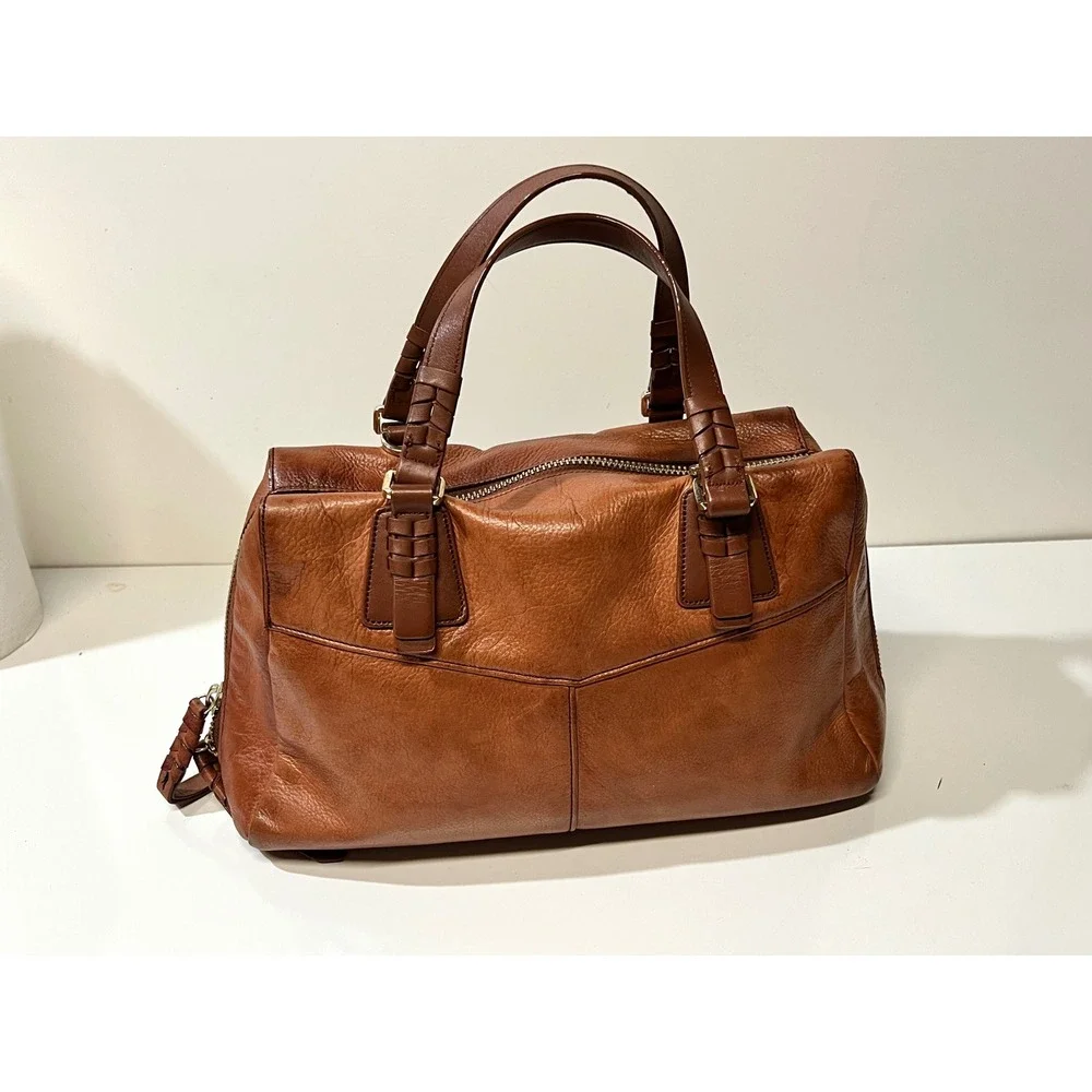 Cole Haan Cognac Leather Satchel Braided Handle Doctor Bag Brown Gold Hardware